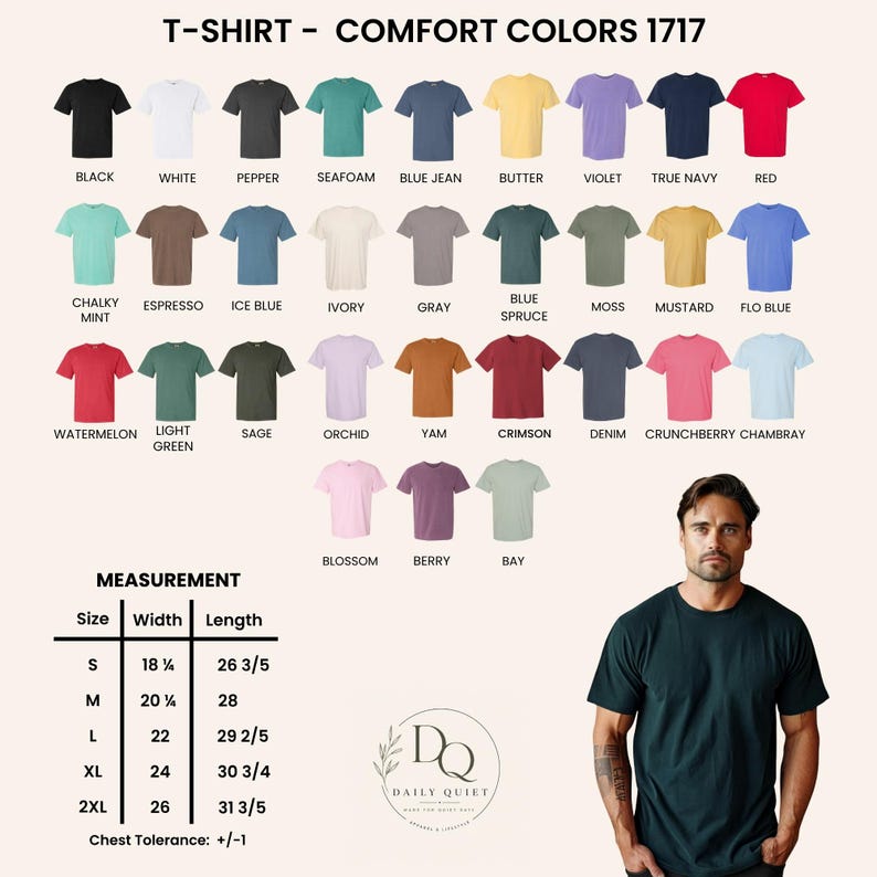 May include: A Comfort Colors 1717 t-shirt colour chart displaying thirty-one solid colour options including black, white, pepper, seafoam, blue jean, butter, violet, true navy, red, chalky mint, espresso, ice blue, ivory, grey, blue spruce, moss, mustard, flo blue, watermelon, light green, sage, orchid, yam, crimson, denim, crunchberry, chambray, blossom, berry, and bay, with a size chart showing widths and lengths in inches.