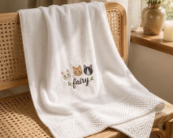 Custom Embroidered Cute Cat Towel - Kitten Face Embroidery Bath Towel - Bath Towels with Your Cat - Cat Lover Keepsake Gift