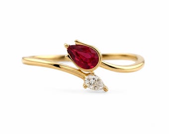 Pierścionek z diamentem Ruby Lab, pierścionek z 14-karatowego złota z kamieniem szlachetnym Red Pear, delikatny pierścionek z obietnicą, prezent na lipiec z kamieniem szlachetnym dla niej