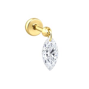 May include: A gold-toned flat back stud earring featuring a marquise-cut clear gemstone charm that hangs from a small metal loop. The earring consists of a circular base, a straight post, and a dangling faceted stone in a marquise shape.