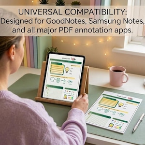 Puede incluir: Una tableta en un soporte de madera y una hoja de papel impresa que muestran una plantilla Brain Dump con detalles en verde y amarillo. El texto dice: UNIVERSAL COMPATIBILITY: Designed for GoodNotes, Samsung Notes, and all major PDF annotation apps.