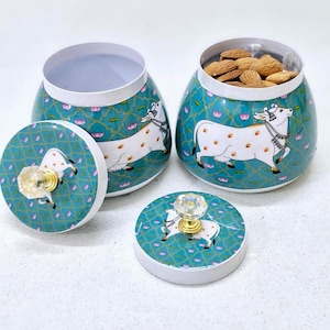 2 Set Handpainted Pichwai Cow Metal Storage Jar , Brass Hammered Lotus Art, Crystal Knob Dry Fruit Container, Return Gift and Kitchen Decor