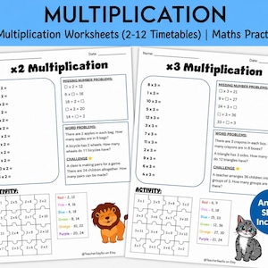 Pode incluir: Duas folhas de exercícios de multiplicação em branco para as tabuadas de 2 a 12, com problemas matemáticos, problemas de texto e um quebra-cabeça. A folha esquerda mostra um leão e a direita um gato com uma etiqueta de folha de respostas.