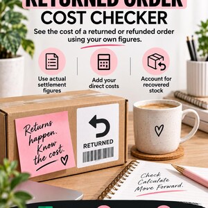 May include: A digital tool titled TikTok Shop Returned Order Cost Checker with text including Returns happen. Know the cost. and Check Calculate Move Forward. The graphic features a cardboard box, a mug, and icons for Excel, download, and instructions.