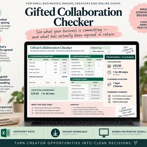 May include: A digital spreadsheet titled Gifted Collaboration Checker displayed on a laptop screen. The interface includes sections for business commitments, creator deliverables, and exchange summaries with tables, text, and icons for tracking business collaborations.
