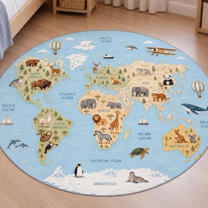 Personlig vintage världskarta matta, geografi barnmatta, Montessori lekrum, luftballongdekor, lågprofil digitaltryckt matta