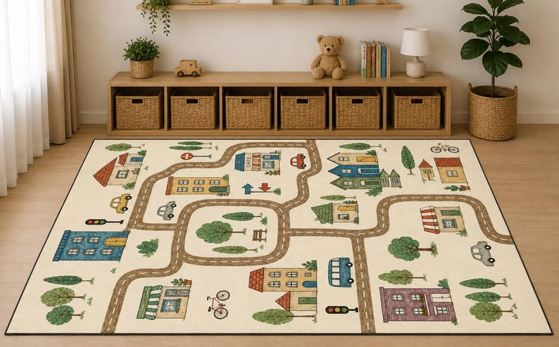Washable Kids Road Play Mat, Traffic Playroom Rug, Non Slip Car Road ...