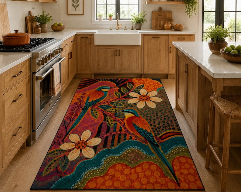 Eclectic Rug Red Colorful Bird Area Rug, Maximalist Folk Art Carpet, Eclectic Boho Decor ...