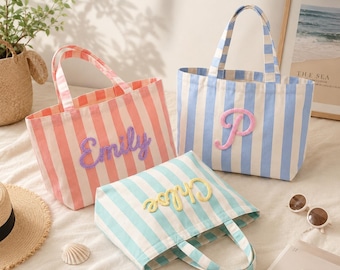 Personalized Tote Bag, Embroidered Name Tote, Custom Monogram Beach Bag, Striped Tote Bag, Bridesmaid Gift, Wedding Tote