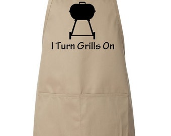 I Turn Grills On Men's Apron Funny Father's Day Gift Idea Father Dad Grandfather - Tan and Black