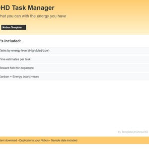 Puede incluir: Una plantilla digital de Notion titulada ADHD Task Manager con el subtítulo Do what you can with the energy you have. Enumera funciones como tareas por nivel de energía, estimaciones de tiempo, campo de recompensa y vistas de tablero Kanban.