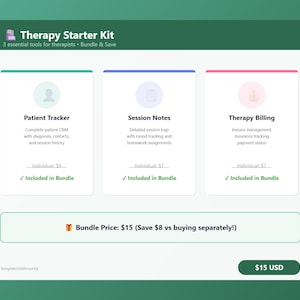Puede incluir: Un gráfico digital de un kit de inicio para terapia que presenta tres secciones: Patient Tracker, Session Notes y Therapy Billing. Cada sección incluye un icono circular, un título y una descripción de las funciones. La parte inferior muestra un precio.