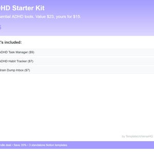 Puede incluir: Un listado de producto digital titulado ADHD Starter Kit con un fondo degradado de color violeta claro. Enumera tres herramientas: ADHD Task Manager, ADHD Habit Tracker y Brain Dump Inbox. El texto incluye precios y menciona TemplateUni/VerseHQ.