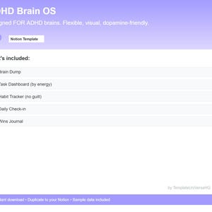 Puede incluir: Una plantilla digital de Notion titulada ADHD Brain OS con un encabezado de degradado púrpura. La lista de funciones incluidas contiene un Brain Dump, un panel de tareas por energía, un rastreador de hábitos, un registro diario y un diario de logros.