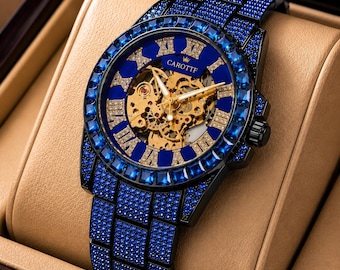 Montre squelette automatique de luxe pour homme - Montre mécanique haut de gamme, cadran à chiffres romains, montre élégante
