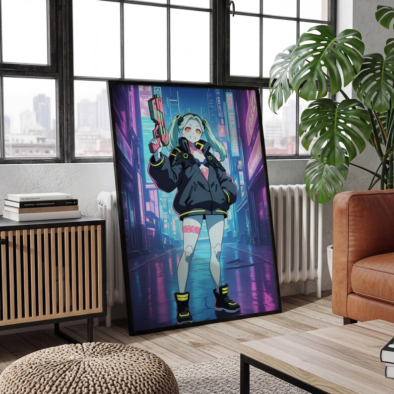 Peut inclure: Une affiche verticale encadr&eacute;e repr&eacute;sentant un personnage de style anime aux couettes bleu clair, portant une veste sombre surdimensionn&eacute;e et des bottes noires, tenant un pistolet futuriste rose dans une rue urbaine aux n&eacute;ons violets et bleus.