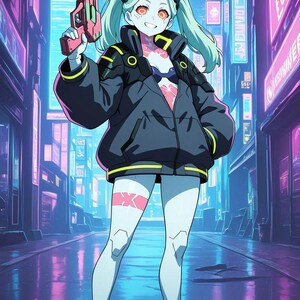 Peut inclure: Un personnage aux cheveux bleu clair en couettes, portant une veste noire oversize avec des accents jaunes, un haut sombre et des baskets montantes noires. Le personnage tient un pistolet futuriste rose et vert et a une croix rose sur la cuisse.