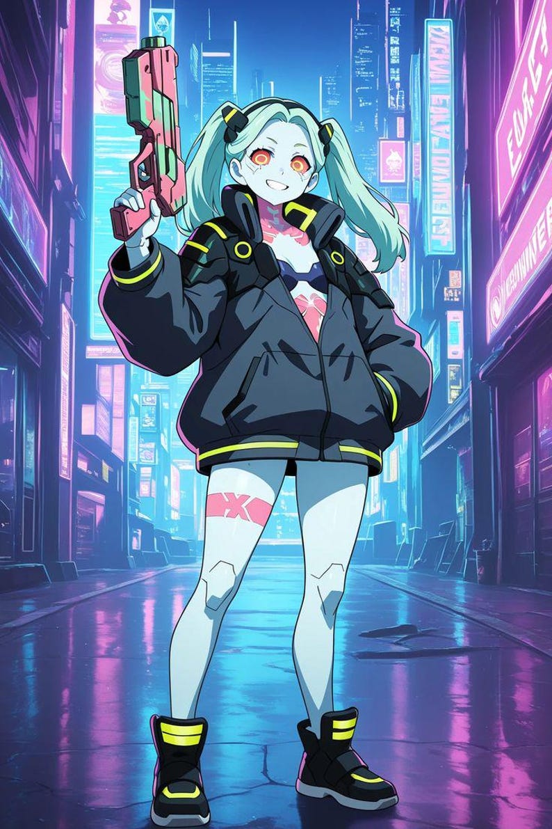 Peut inclure: Un personnage aux cheveux bleu clair en couettes, portant une veste noire oversize avec des accents jaunes, un haut sombre et des baskets montantes noires. Le personnage tient un pistolet futuriste rose et vert et a une croix rose sur la cuisse.