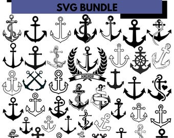 Puede incluir: Una colección digital de ilustraciones de anclas en blanco y negro etiquetada como ANCHOR SVG BUNDLE. El conjunto presenta varios diseños de anclas náuticas, incluyendo siluetas sólidas, versiones delineadas y anclas envueltas en cuerdas o cintas.