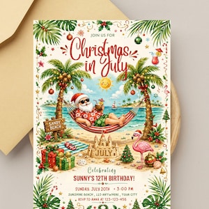 Einladung zur Poolparty „Weihnachten im Juli“, Strandweihnachtsmann, tropischer digitaler Download