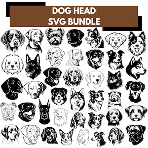 Op de afbeelding: Een digitale collectie van zwart-wit illustraties van hondenkoppen met verschillende rassen in diverse stijlen. De grafische set is getiteld DOG HEAD SVG BUNDLE in witte tekst op een bruine achtergrond, met diverse hondenportretten.