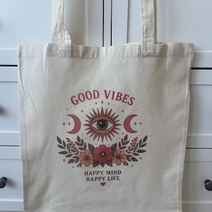 Sac cabas bohème soleil lune œil, sac en toile à motif floral Good Vibes