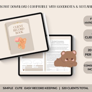 Puede incluir: Un libro de registro de clientes digital para tabletas con portada beige y una ilustración de un oso con una flor. La interfaz incluye pestañas de la A a la Z, hipervínculos y un formulario de consentimiento para pestañas.