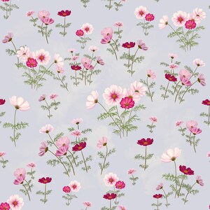 May include: A seamless pattern featuring cosmos flowers in shades of light pink, dark pink, and white. The flowers have delicate, thin green stems and feathery foliage, all set against a solid, pale lavender-gray background.