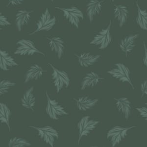 May include: A seamless pattern featuring stylized, soft-edged leaves in varying shades of muted green scattered across a dark forest green background. The leaves are depicted with delicate, flowing lines and subtle shading to create depth.