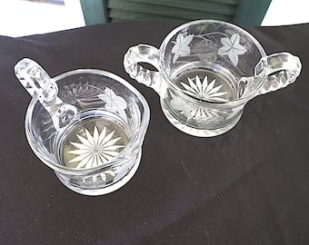 Vintage Bartlett-Collins geëtste glazen melkkannetje/suikerpotje set met druivenbladpatroon
