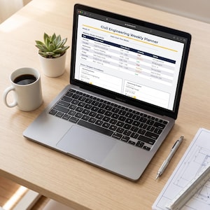 May include: A silver laptop displaying a Civil Engineering Weekly Planner on its screen, accompanied by a white ceramic mug filled with black coffee, a small green succulent in a white pot, a silver mechanical pencil, and a technical drawing.