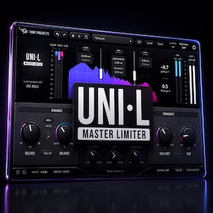 May include: A digital audio software interface for the UNI-L Master Limiter by Tone Projects. The dark-themed window features a central logo, multiple control knobs for dynamics and transients, a frequency spectrum graph, and various level meters.