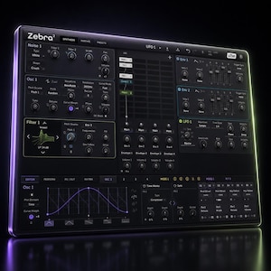 May include: A digital audio workstation software interface titled Zebra2 by u-he, featuring a dark grey panel with numerous knobs, sliders, and modulation routing displays. The screen shows various synthesis parameters, including noise, oscillators, filters, envelopes, and LFO settings.