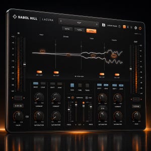 May include: A digital audio interface software window titled Sabol Hill Lacuna with a dark theme, orange accents, and a central waveform display. The interface features multiple control knobs, vertical faders, and buttons labelled Infra, Terra, and Supra.