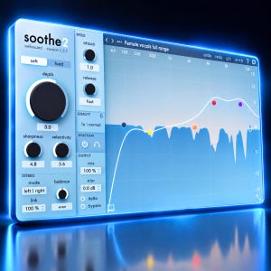 Könnte beinhalten: Eine digitale Audio-Plugin-Oberfläche mit dem Titel Soothe2 von oeksound Version 1.3.1. Das hellblaue rechteckige Bedienfeld verfügt über einen großen schwarzen Tiefenregler, verschiedene Einstellräder und ein Frequenzspektrum.