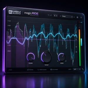 Op de afbeelding: Een digitale audio-interface voor MBM Audio magic.RIDE software met een donkere achtergrond, een centrale blauwe golfvormgrafiek, drie ronde bedieningsknoppen gelabeld Range, Target en Speed, en een verticale niveaumeter aan de rechterkant.