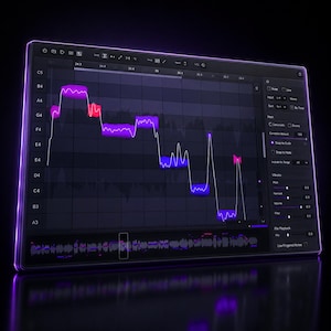 May include: A digital audio workstation interface displayed on a screen, featuring a dark theme with purple and pink graphical elements. The software shows a pitch correction grid with musical notes, frequency waveforms, and various control sliders.