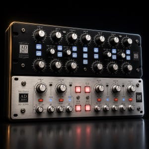 May include: Two rack-mount audio equalisers stacked vertically. The top unit is black with the text AD 2077 Mastering Equaliser. The bottom unit is silver with the text AD 2055 EQ Ultra. Both feature numerous silver control knobs and illuminated buttons.