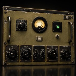 Peut inclure: Un processeur audio limiteur Kush Audio UBK-1A vert olive avec une finition métallique vieillie. Il comprend un VU-mètre analogique central, un bouton de seuil, un interrupteur d'alimentation avec un voyant vert et cinq boutons de contrôle inférieurs pour l'entrée, la sortie, le relâchement, le mixage et le gain de sortie, encadrés par deux poignées en métal argenté.