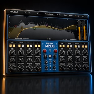 May include: A digital audio equaliser interface labelled Pulsar MP.EQ with a black and blue control panel. It features multiple rotary knobs for gain, bandwidth, and frequency, alongside a large top display showing a frequency spectrum graph.