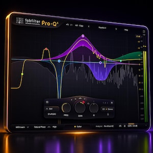 May include: A digital audio interface screen displaying the FabFilter Pro-Q4 software. The interface features a dark background with a multi-colored frequency response curve, interactive control knobs for frequency, gain, and Q, and a real-time spectrum analyzer.