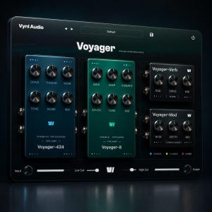 Puede incluir: Un panel de software de interfaz de audio digital de Vynl Audio titulado Voyager. Presenta un tema oscuro con tres módulos distintos: una unidad de saturación de cinta azul Voyager-424, una unidad de guitarra sintetizada verde Voyager-8 y dos unidades negras Voyager-Verb y Voyager-Mod.