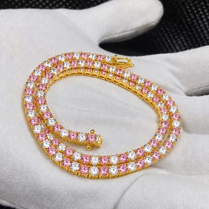 Naszyjnik tenisowy z różowymi diamentami, wykonany w laboratorium, srebro próby 925, łańcuszek tenisowy Iced Out, biżuteria hip-hopowa, unisex jasnoróżowy naszyjnik