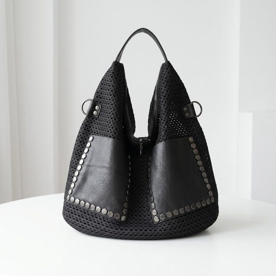 Premium Genuine Leather Woven Oversized Hobo Bag Minimalist Extra Large Capacity Shoulder Tote Vintage Studded Slouchy Travel Purse