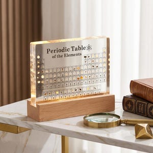 May include: A clear rectangular acrylic block displaying the Periodic Table of the Elements with embedded physical samples for each element. The block is illuminated and rests in a rectangular light-coloured wooden base stand.