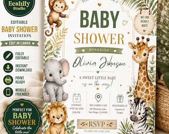 May include: A baby shower invitation template featuring watercolor illustrations of a monkey, elephant, lion, giraffe, and zebra. The text includes "PLEASE JOIN US FOR A BABY SHOWER," "Olivia Johnson," "A SWEET LITTLE BABY is on the way!," and "RSVP."