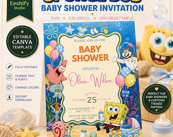 Bearbeitbare SpongeBob-Babyparty-Einladung | Einladung für Jungen mit Unterwasser-Thema | Sofortiger digitaler Download