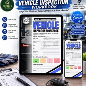 May include: A digital vehicle inspection workbook template displayed on a tablet and smartphone screen, featuring fields for vehicle information, owner details, and condition status with color-coded checkboxes for pass, advisory, repair, and unsafe.