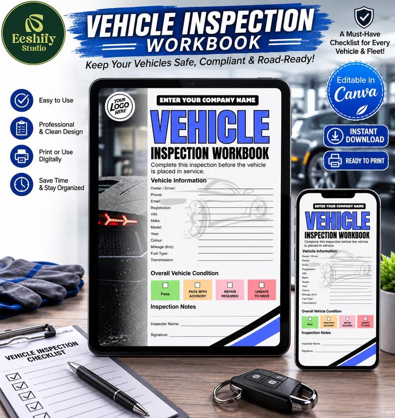 May include: A digital vehicle inspection workbook template displayed on a tablet and smartphone screen, featuring fields for vehicle information, owner details, and condition status with color-coded checkboxes for pass, advisory, repair, and unsafe.