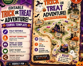 May include: A Halloween-themed party invitation template featuring a Trick or Treat Adventure map with illustrations of ghosts, a haunted house, pumpkins, and sweets. The text includes event details, RSVP information, and editable sections.